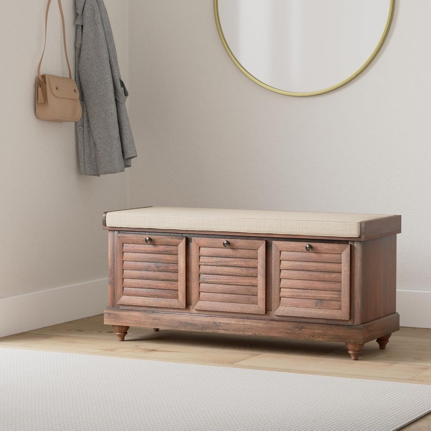 OSP Home Furnishings Dover Coastal Lift-Top Storage Bench with Shutter Face Styling, Distressed Brown Finish with Beige Linen Fabric Cushion
