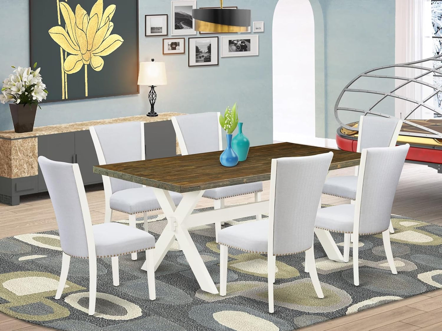 East West Furniture X077VE005-7 7 Piece Dining Table Set Consist of a Rectangle Dining Room Table with X-Legs and 6 Grey Linen Fabric Parsons Chairs, 40x72 Inch, Multi-Color