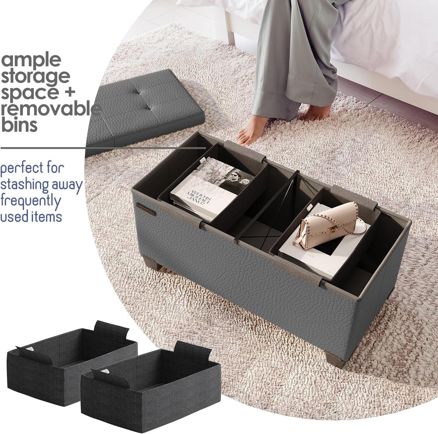 STORAGEBUD Storage Ottoman Bench with Bins, 30-in Storage Bench for Bedroom End of Bed, Folding Foot Rest Ottoman for Living Room Max 660lbs, Faux Leather Ottomans, Grey