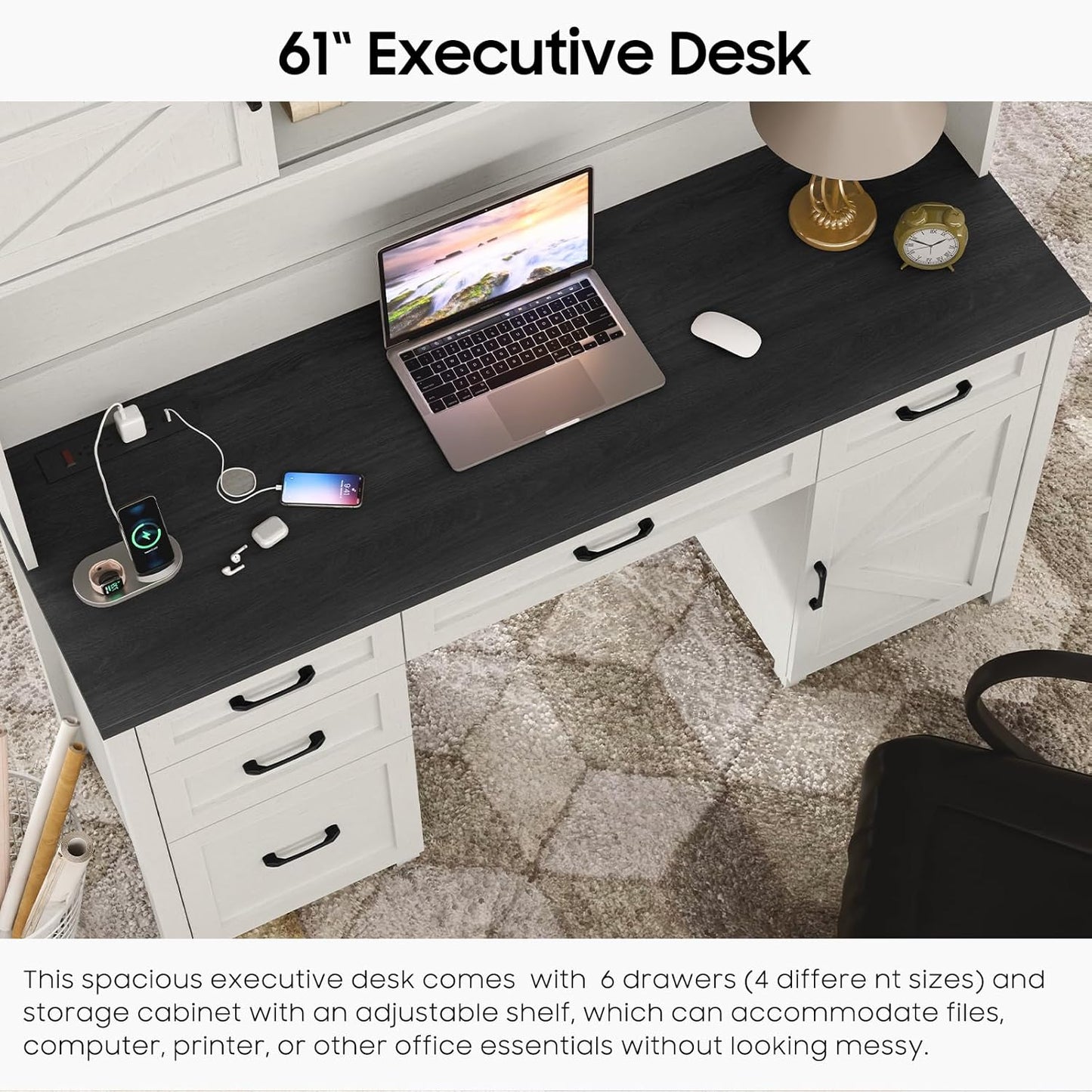 67''H Farmhouse Executive Desk with Hutch & 5 Drawers, Rustic Office Desks Computer Desks with Charging Station, File Drawers and Storage Cabinets, Wood Workspace for Home Office & Study,Black.