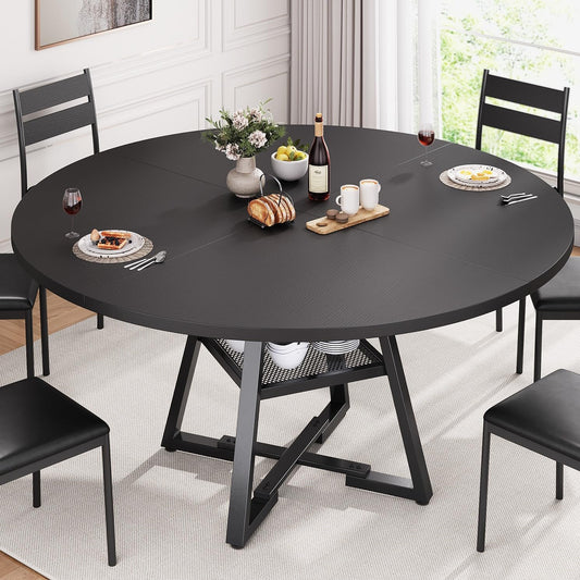 51'' Round Dining Table for 6,Kitchen Dining Room Circle Dinner Pedestal Table,Space Saving Wood Kitchen & Dining Room Furniture (Black, 51In)