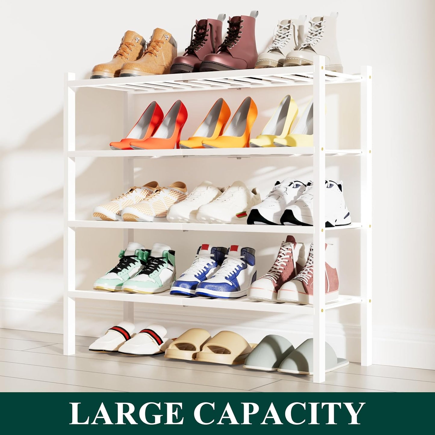 Smiry Shoe Rack, 4 Tier Bamboo Shoe Organizer, Stackable Free Standing Wooden Shoe Storage Shelf for Closet, Entryway, Front Door Entrance, White