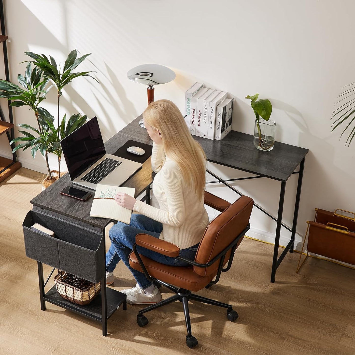 Sweetcrispy L Shaped Desk Gaming Computer 50 Inch Reversible Corner PC Work Table for Writing Study Student with Wood Tabletop Metal Frame CPU Stand Side Bag for Home Office Small Space, Grey