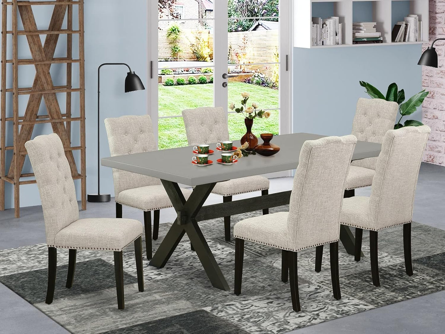 East West Furniture X697EL635-7 7 Piece Dining Room Furniture Set Consist of a Rectangle Dining Table with X-Legs and 6 Doeskin Linen Fabric Upholstered Chairs, 40x72 Inch, Multi-Color