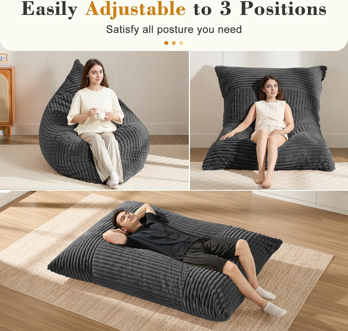 3-in-1 Giant Bean Bag Chair for Adults & Kid, Convertible Floor Sofa to Mattress, High-Density Foam Chair Bed with Washable Cover, Multi Functional Lounge Couch for Bedroom, Living Room (Dark Grey)