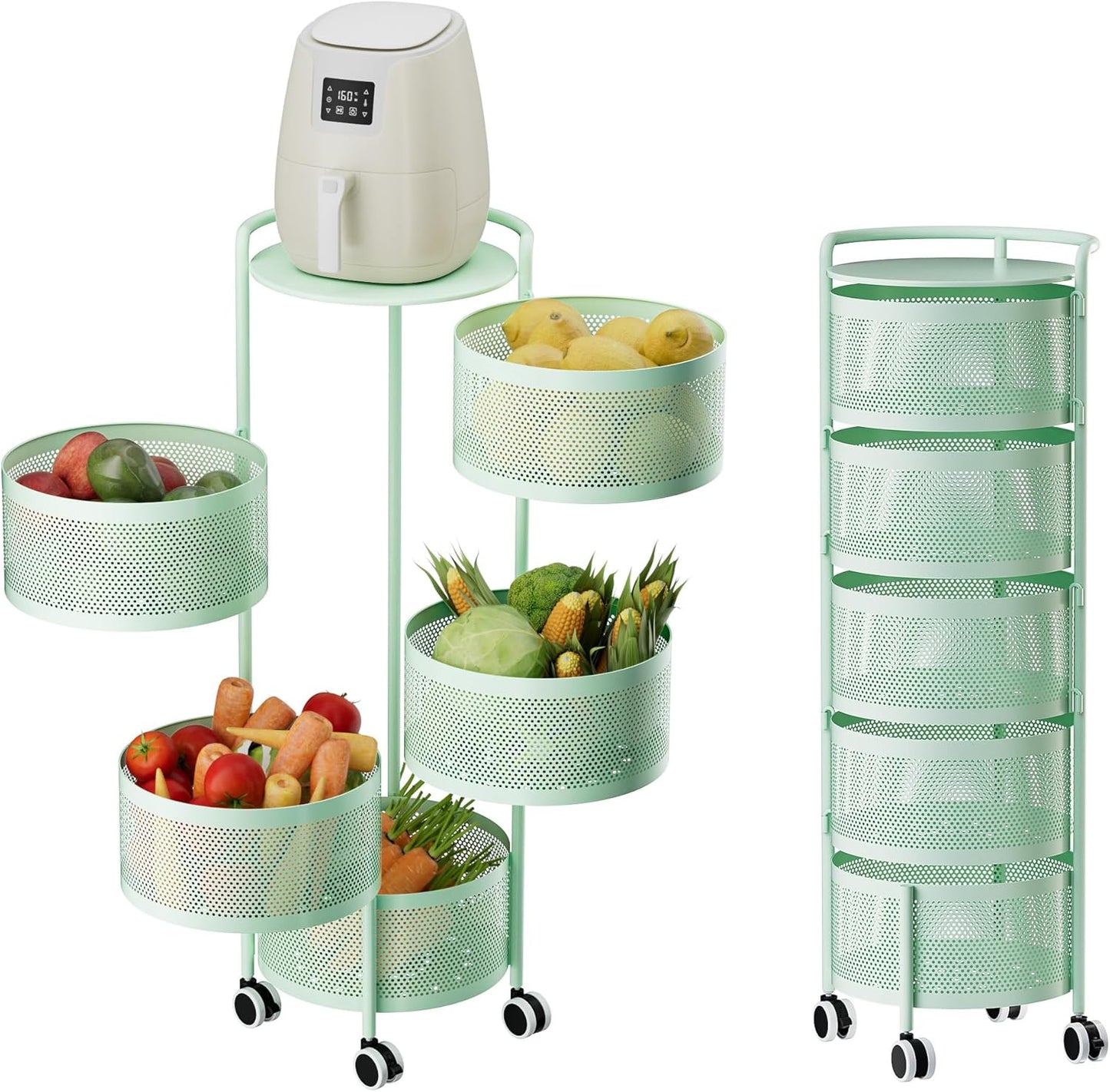 JAQ Rotating Fruit Basket, 5-Tier Metal Sturdy Kitchen Storage Rack Shelf Carts No Assembly on Rolling Wheels for Fruit Vegetable Grocery Corns Potato Onion (5-Tier, Green)