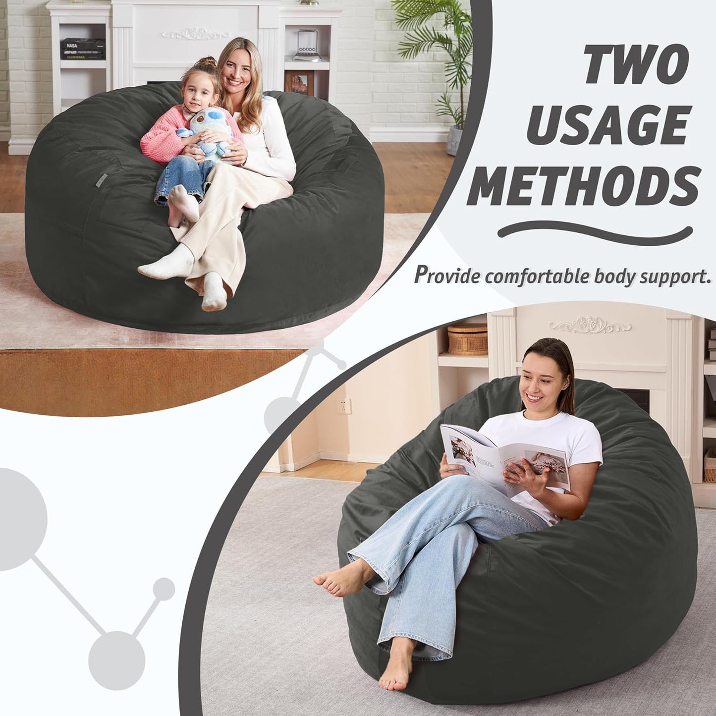 5FT Bean Bag Chair with Ultra Soft Velvet Cover Bean Bag Sofa with Memory Foam Bean Bag Chairs with Large Size Lazy Sofa for Dorm Office Living Room Bedroom Grey 5'