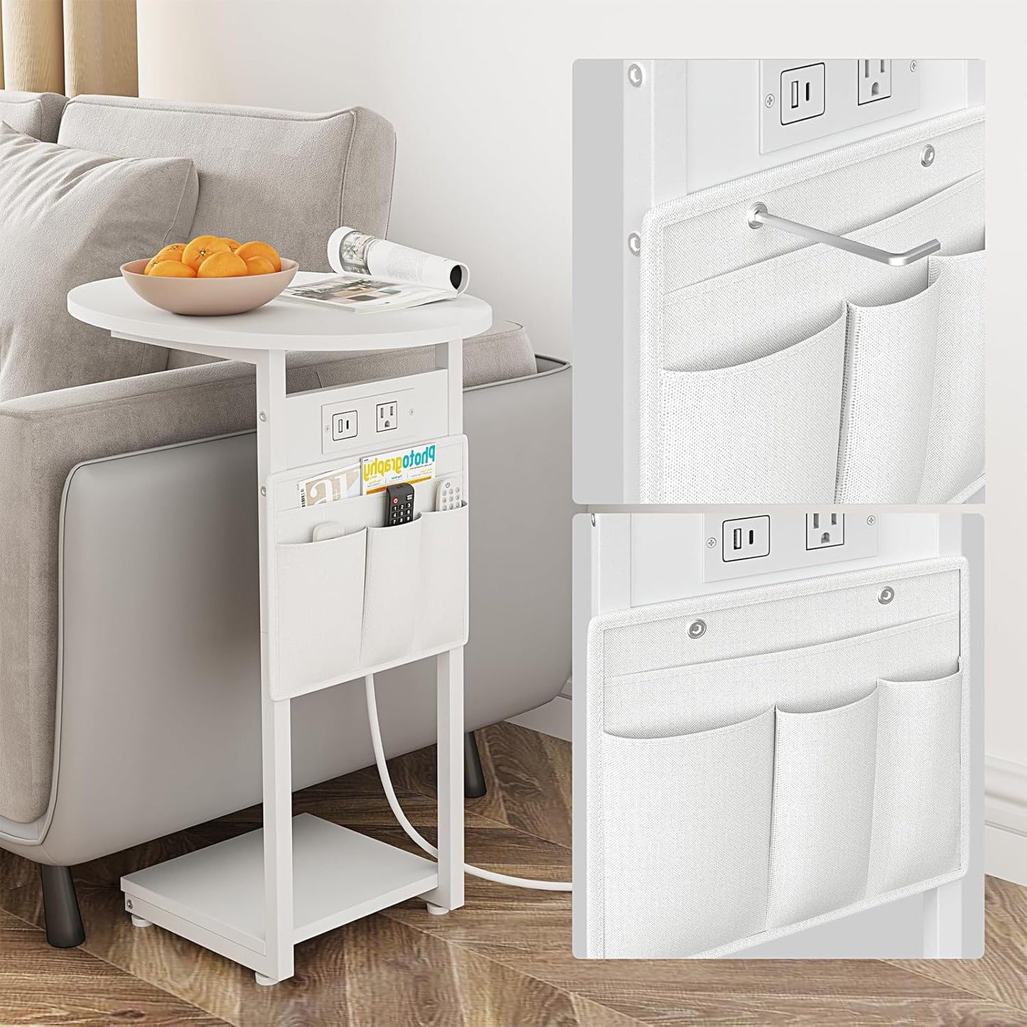 Vagusicc C Shaped End Table with Charging Station, Small Side Table for Couch, TV Tray Slide Under Sofa Table for Living Room and Bedroom, C Table Round Couch Side Table, White