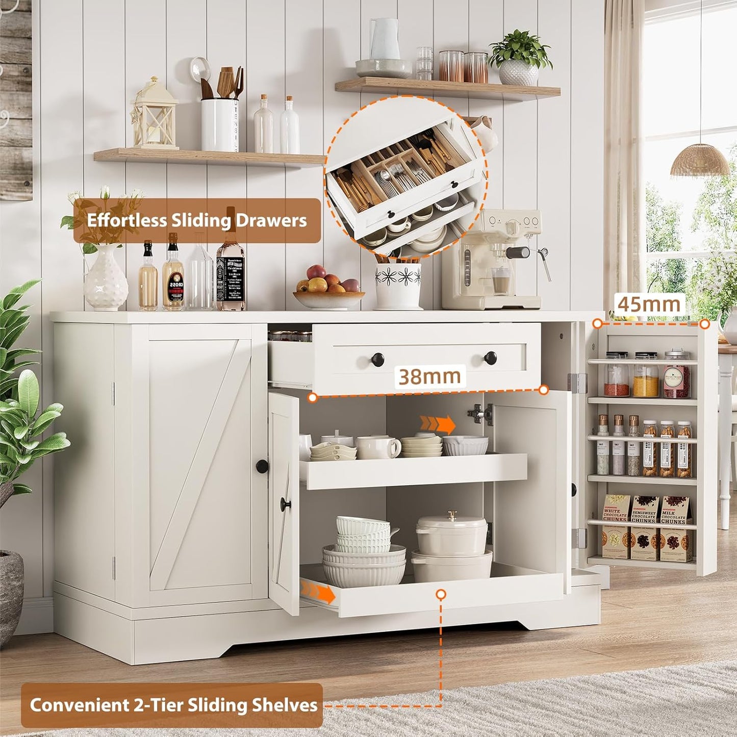 55" Buffet Cabinet with Storage, Kitchen Buffet Sideboard with Pull-Out Shelves and Drawer, Wood Farmhouse Coffee Bar Cabinet with 4 Adjustable Shelves, Kitchen Pantry for Living Room, White