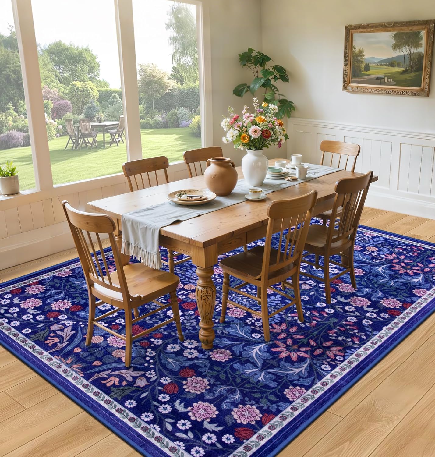 8x10 Area Rugs for Living Room: Floral Washable Rug Vintage Large Soft Boho Non-Slip Carpet Indoor Floor Stain Resistant Carpets for Bedroom Dining Room Farmhouse Nursery Home Office Blue