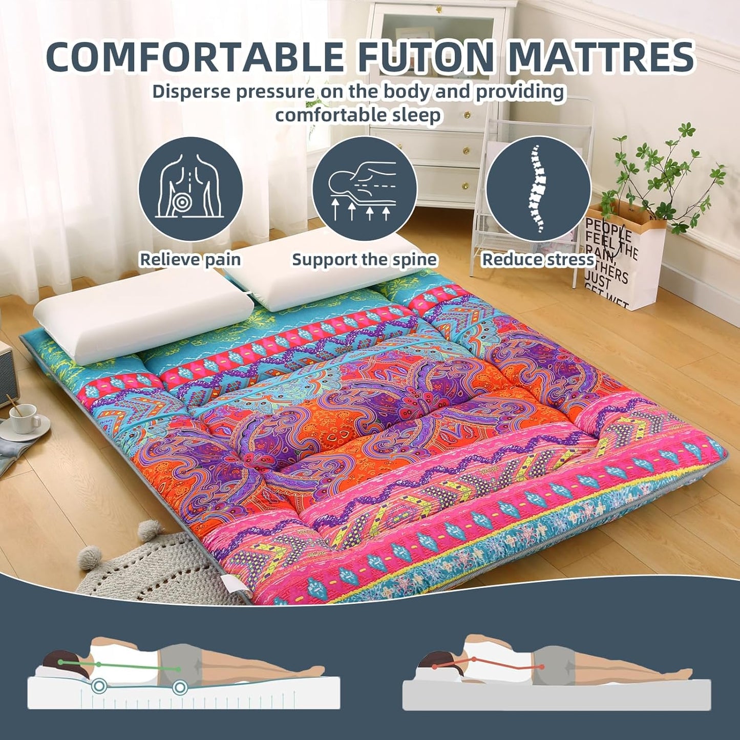 Bohemian Retro Japanese Floor Mattress, Vintage Floral Tatami Floor Mat, Portable Roll up Futon Mattress for Guest,Tavel (D,Full 80" X 47")