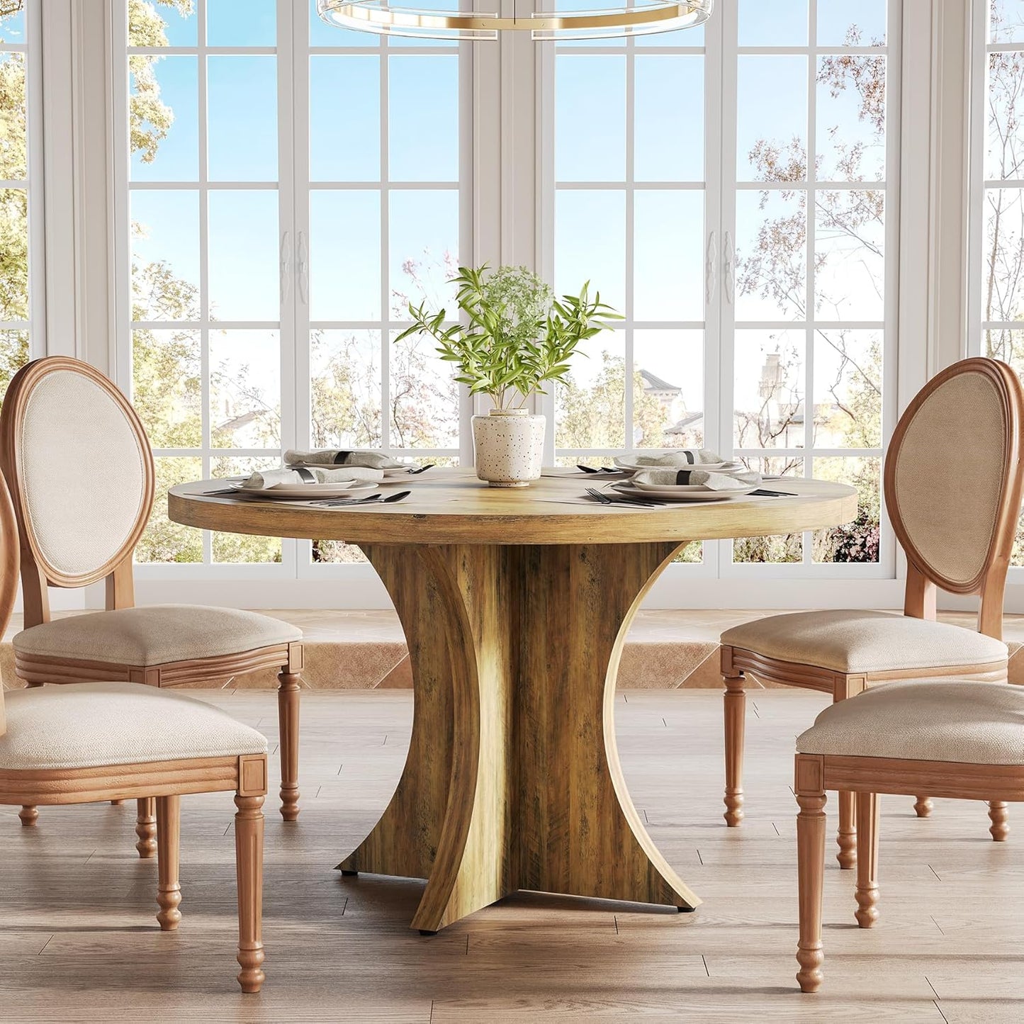 LITTLE TREE Round Dining Table for 4-6, 47.24 Inches Farmhouse Wooden Kitchen Table with Spacious Tabletop for Dining Room, Oak