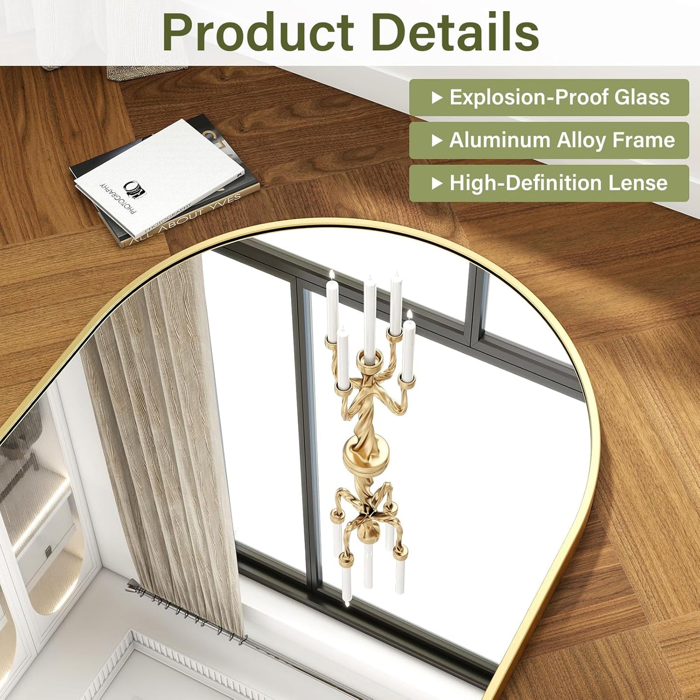 32"x48" Arched Bathroom Mirror with Aluminum Frame Arched Wall Mounted Vanity Mirror for Entryway, Bedroom, Living Room, Gold