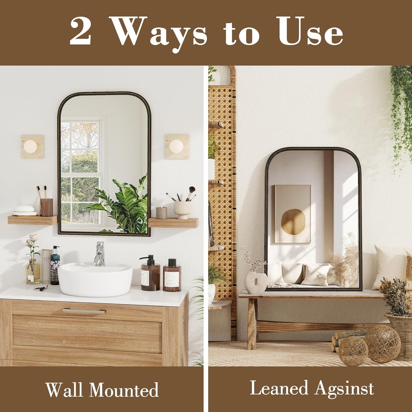 Axeman 22x30 Rounded Rectangular Wall Mirror, Decorative Bathroom Mirror, Traditional Vintage Wall Mounted Mirror with Beaded Frame for Accent Living Room Vanity Bedroom Entryway, Black