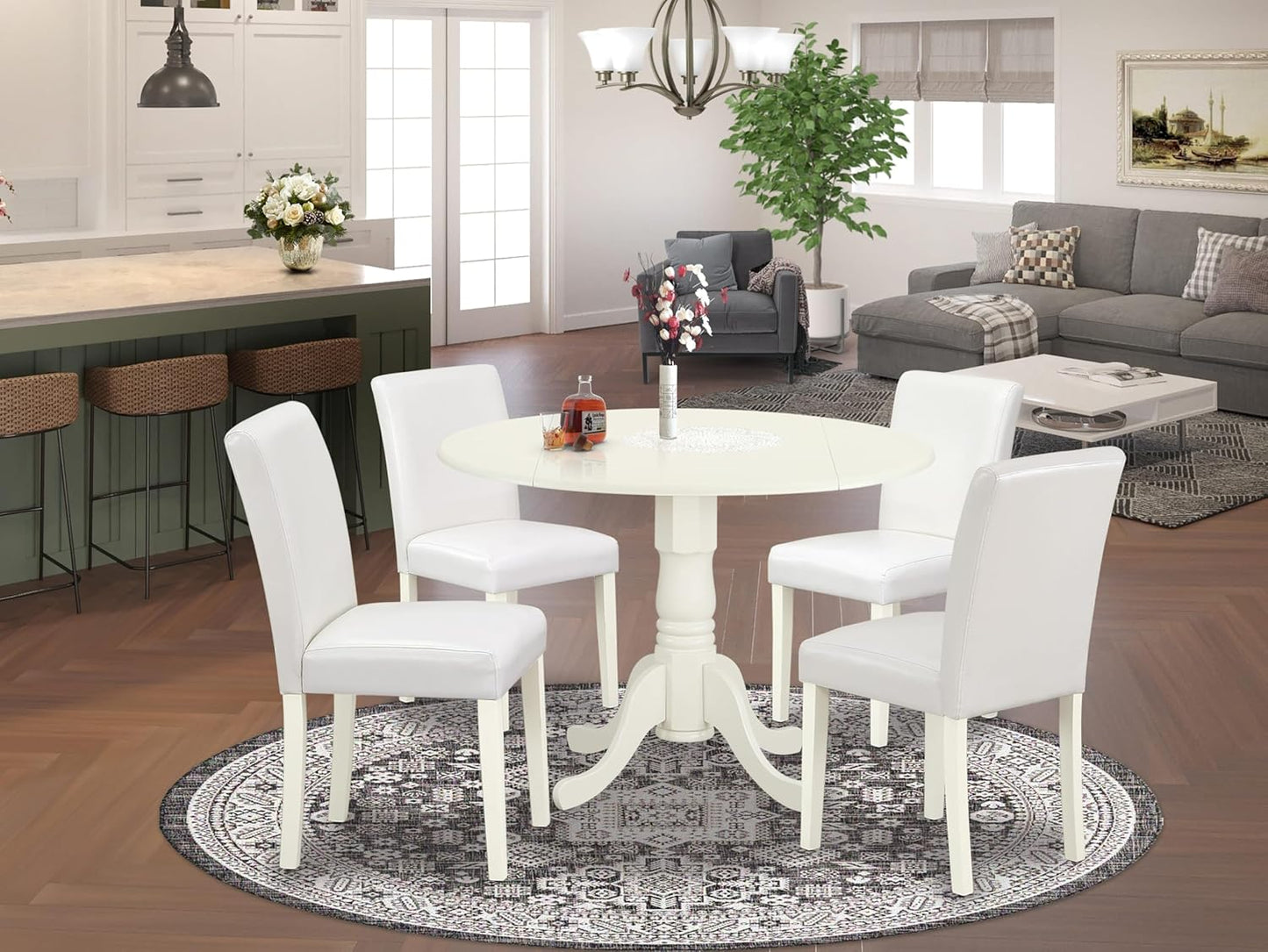 East West Furniture DLAB5-LWH-64 5 Piece Kitchen Table & Chairs Set Includes a Round Dining Room Table with Dropleaf and 4 White Faux Leather Parsons Dining Chairs, 42x42 Inch, Linen White