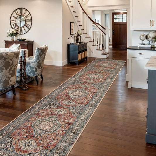 Lahome Oriental Hallway Runner Rug, 2.5x12 Washable Runners for Hallways Kitchen, Soft Distressed Non Shedding Long Carpet for Entryway ‎Laundry Room, Brick Red