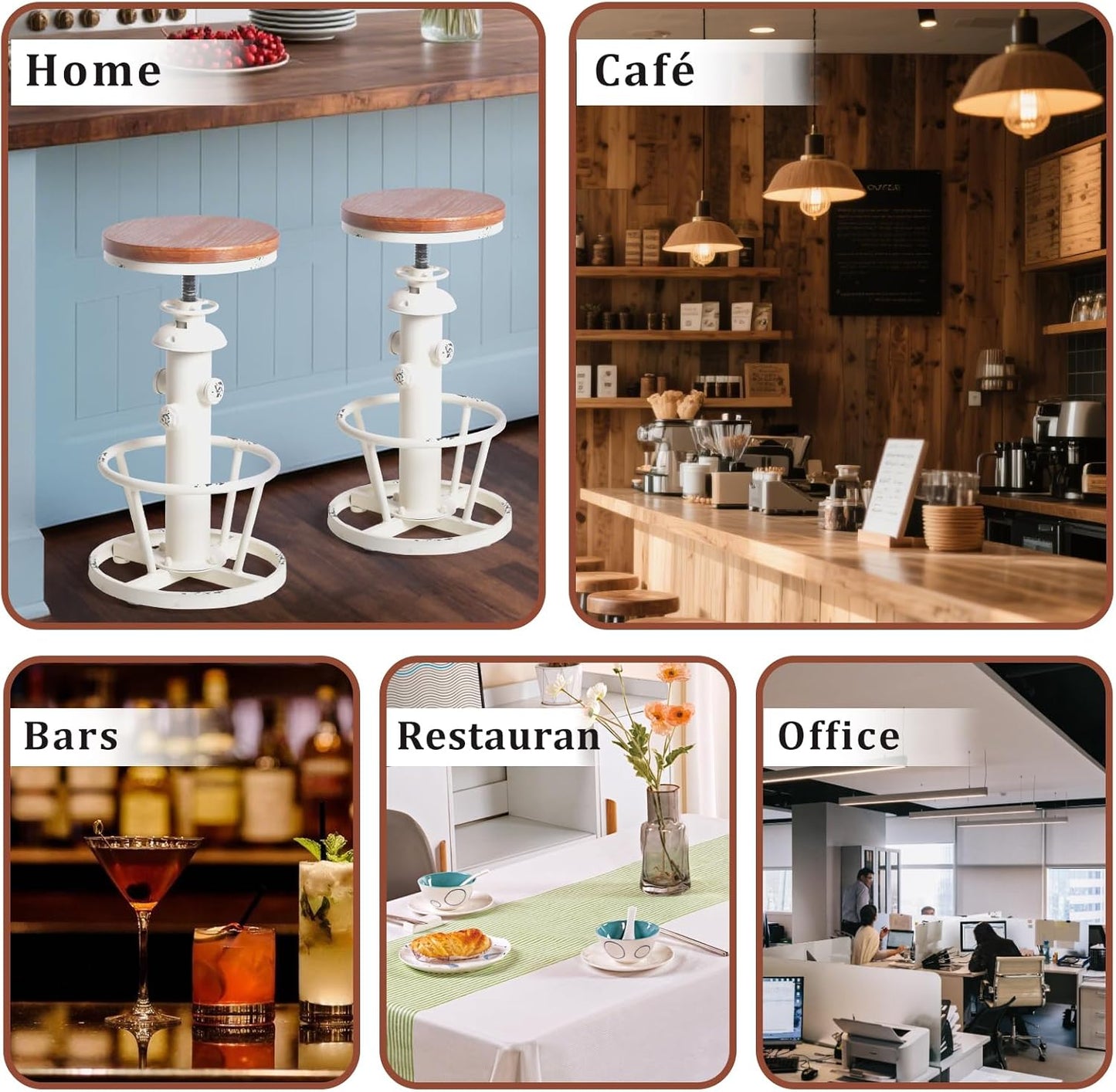 Topower Aged Antique Industrial Round Bottom Adjustable Height Cafe Coffee Retro Vintage Stylish Water Pipe Design Pub Kitchen Bar Stool (Antique White, Wooden Top)