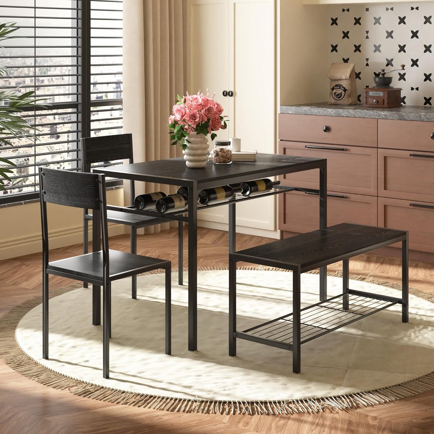 VECELO Kitchen Dining Room Table with 2 Chairs & Bench, Compact Space-Saving Design, Easy Assembly Steel Frame, Perfect for Small Apartments & Breakfast Nooks，Industrial