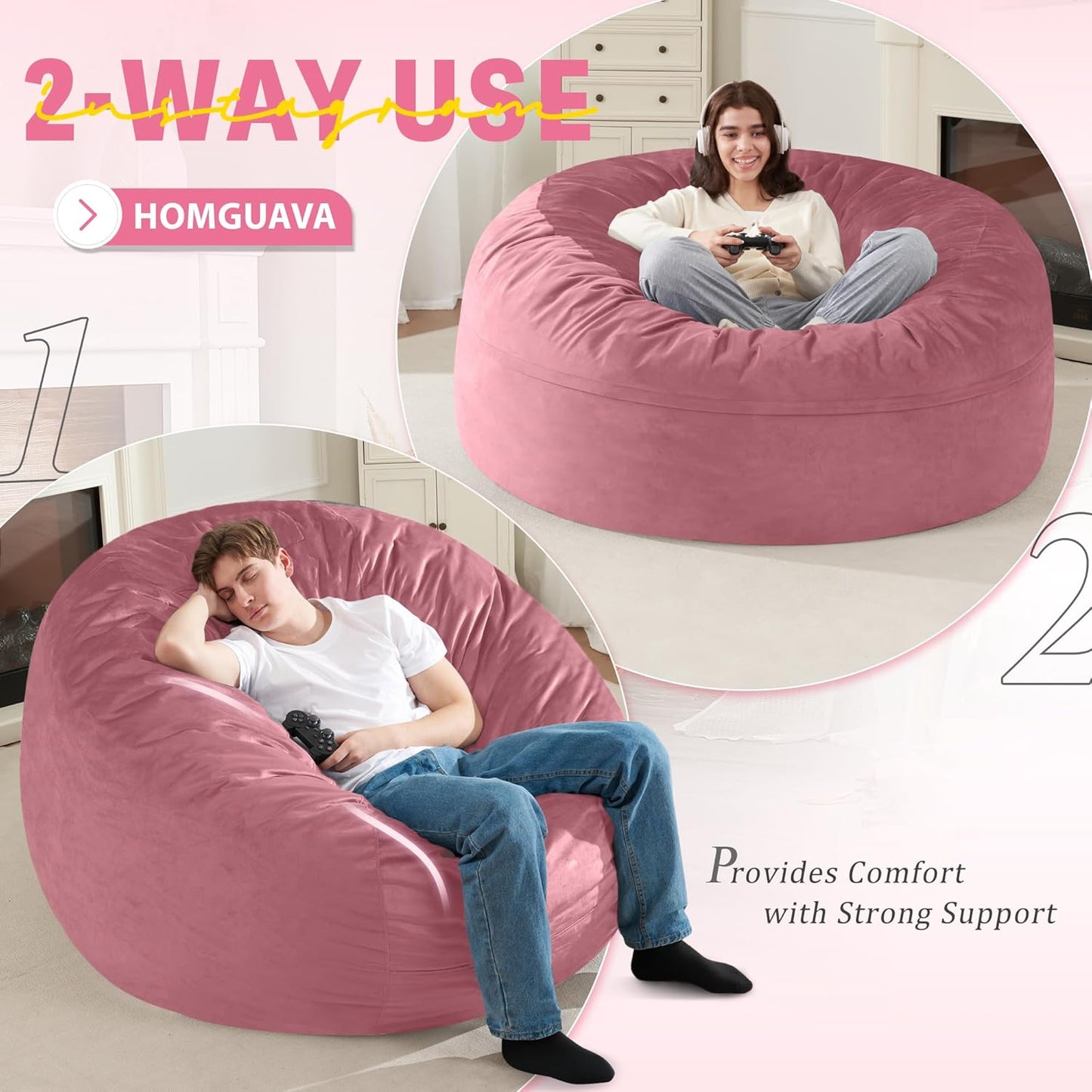 Homguava 5 FT Bean Bag Chair: 5' Bean Bags with Memory Foam Filled, Large Beanbag Chairs Soft Sofa with Dutch Velvet Cover-Dusty Pink