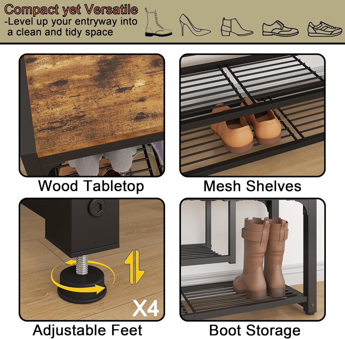 HOMEFORT Shoe Bench,3 Tiers Shoe Rack Bench,31.5" Shoe Storage Bench for Entryway, Retro Industrial Entry Bench with Mesh Shelves and Boot Storage,for Front Door Entrance, Rustic Brown
