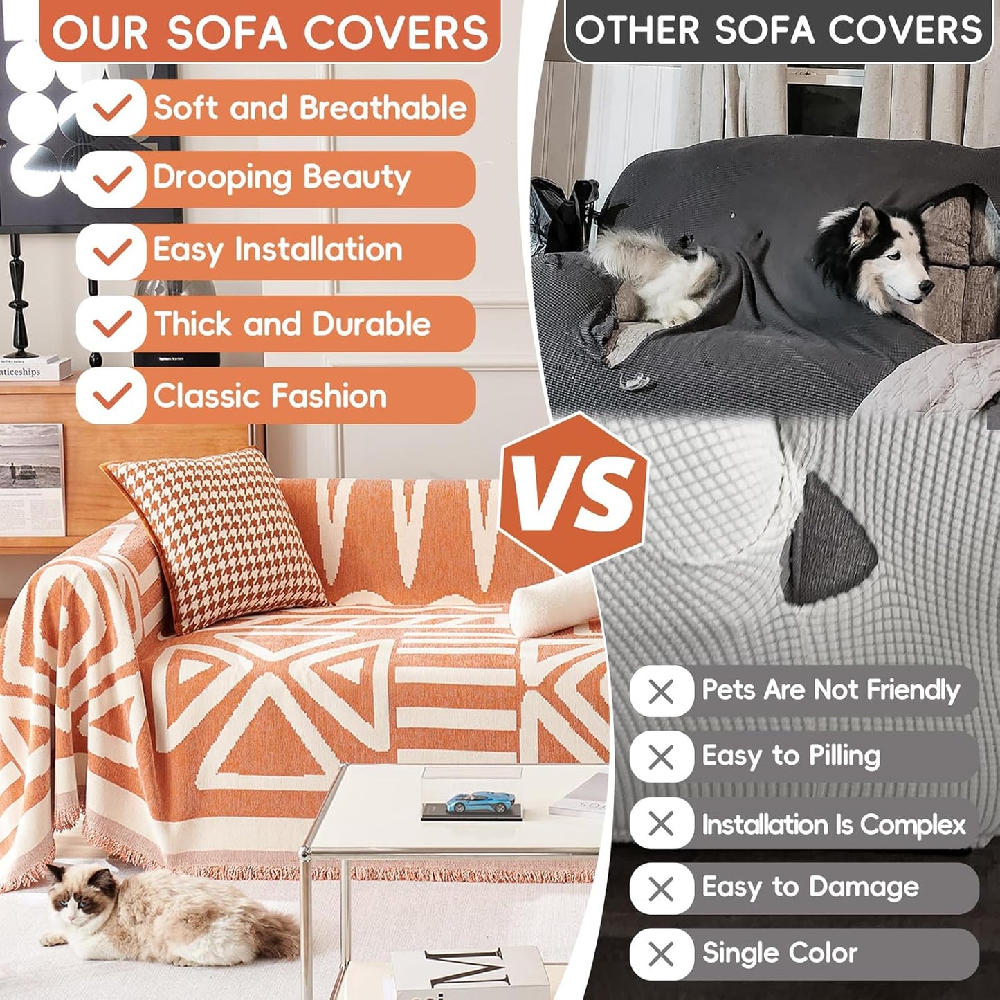 STACYPIK Thick Warm Orange Sofa Cover Armchair Slipcovers Boho Geometric Couch Cover for Sectional Sofa Caramel Loveseat Cover Anti-Slip Chenille Couch Protector for 2 Cushion Couch Home Decor-71X90IN