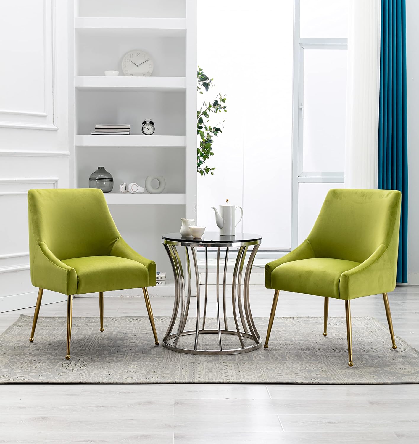 Velvet Dining Chairs, Furniture Collection Modern Contemporary Upholstered with Polished Gold Metal Legs, Set of 4(Yellow Green)