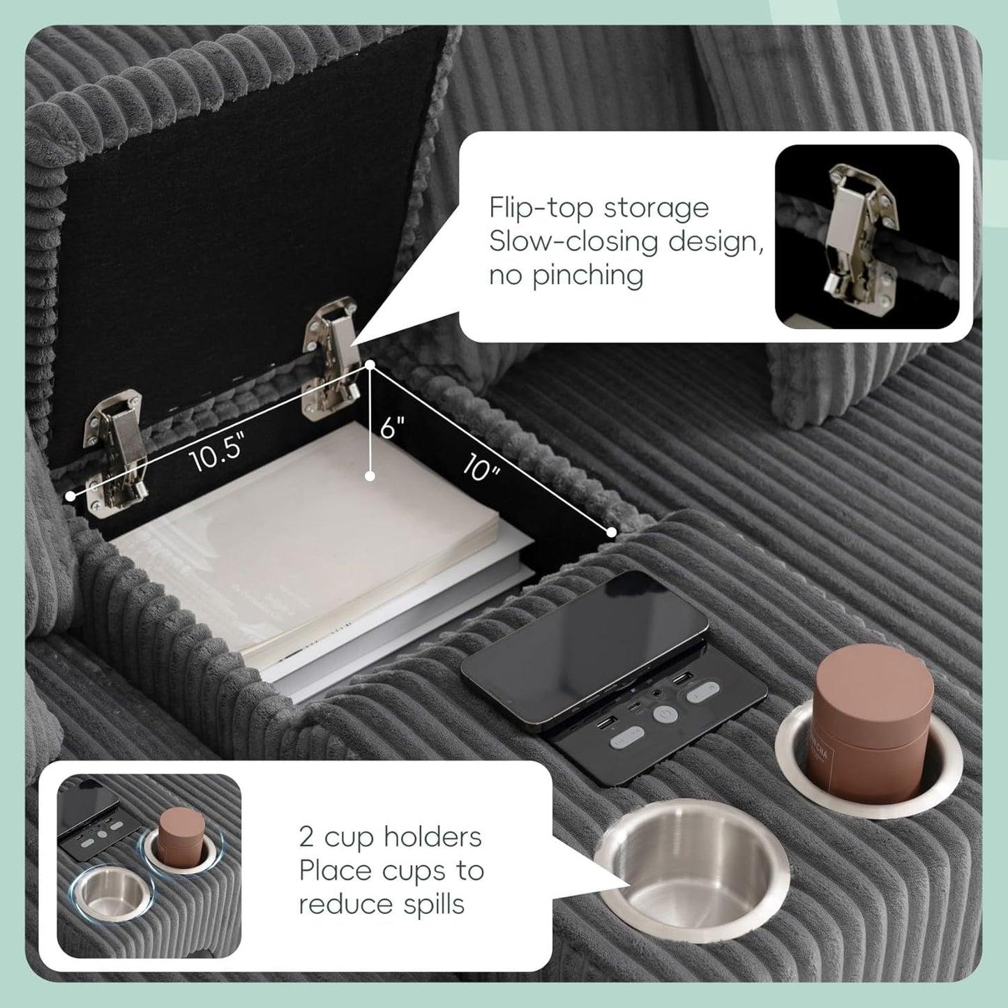 Merax 114 * 64" Corduroy Sectional Couches with Bluetooth Speakers, Storage, Ottoman & Pillows, Upholstered Modular Sofa Chaise with Console, USB Charger, Cup Holders for Living Room Apartment, Grey