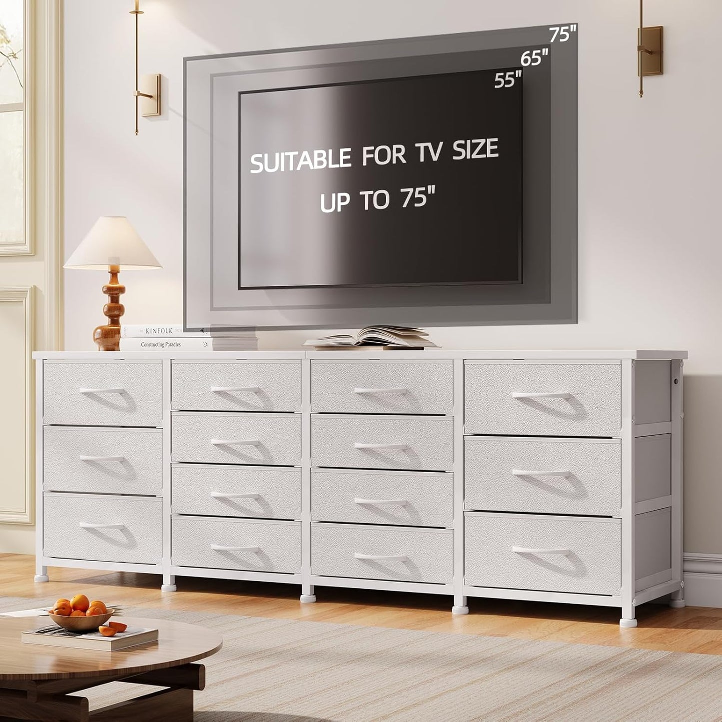 63 Inch TV Stand Dresser for Bedroom, Long White Dresser with 14 Fabric Drawers for 65 70 75 Inch TV, Entertainment Center with Storage Media TV Console Table