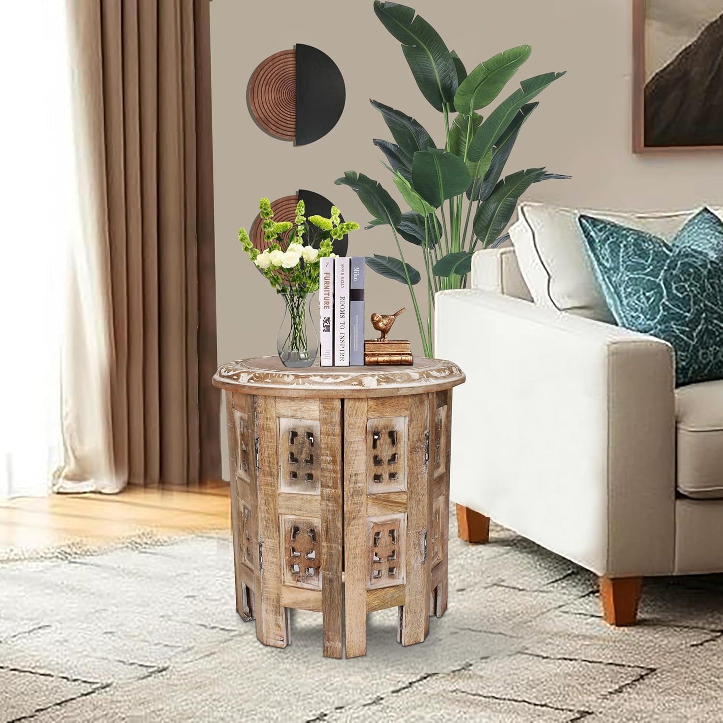 Versatile Octagonal Wooden Table – 12" Round Top, 12" Height – Rustic White-Wash Coffee Table, Side Table, or End Table for Living Room, Bedroom, or Kids’ Room