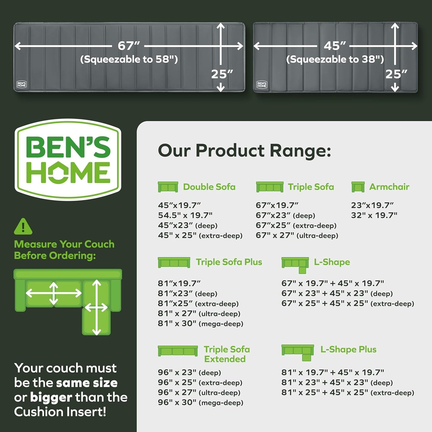 BEN'SHOME® Deep Sectional Couch Cushion Support for fix Sagging Seats - Heavy Duty Solid .5" Wood Sofa Support Board | 67" x 25" + 45" x 25" Under Cushion Insert Set | Non-Slip | 400 LB Capacity Each