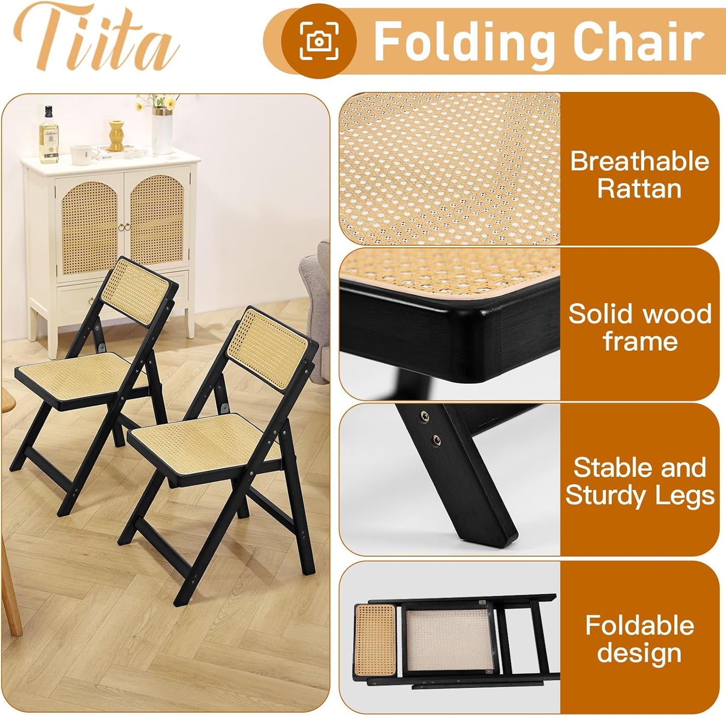 Tiita Rattan Dining Chairs Set of 2, Mid Century Modern Folding Chair, Bamboo Folding Dining Chairs for Small Space, Dining Room, Living Room, Bedroom, Black