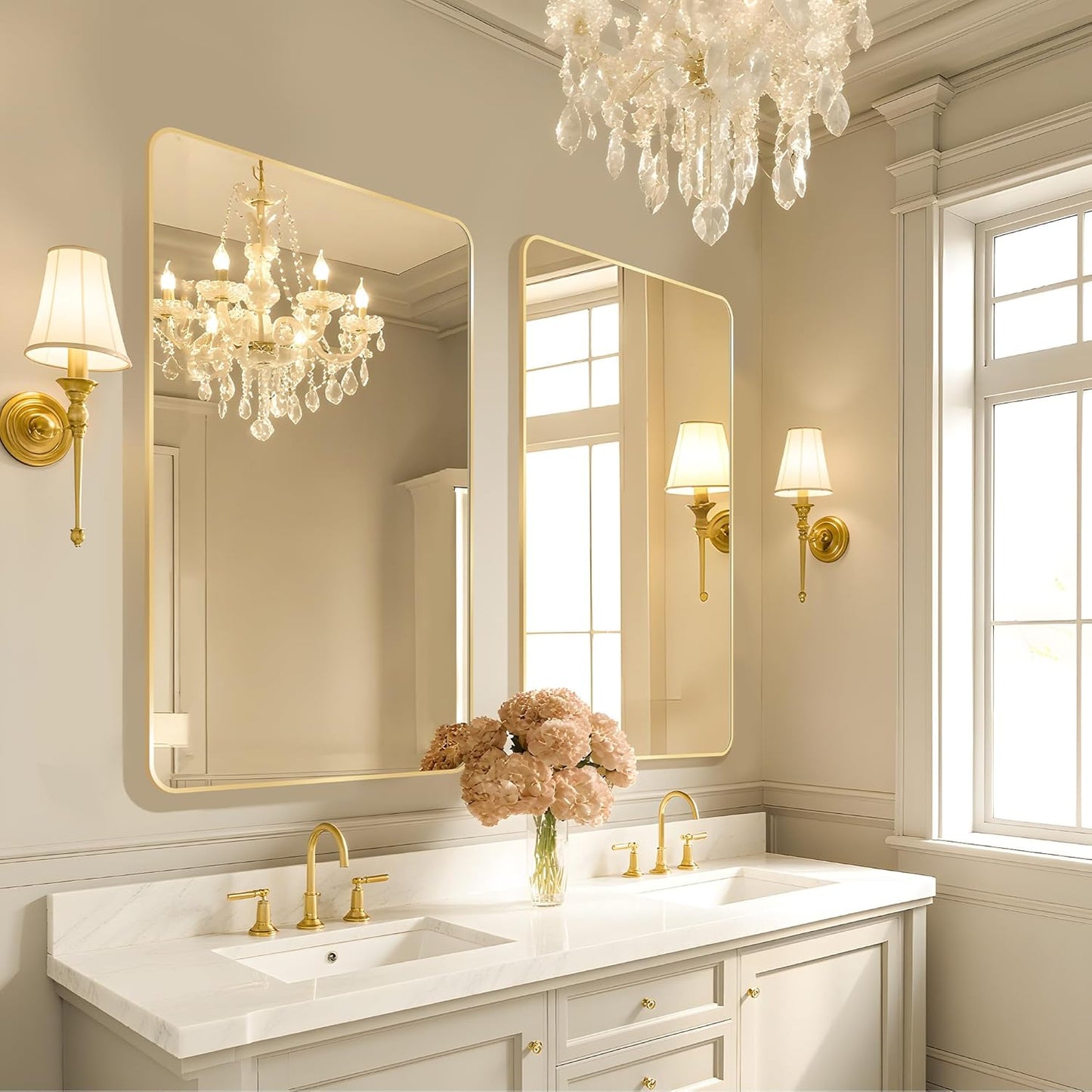 24x36 Rounded Rectangle Bathroom Mirrors for Over Sink, Glod Vanity Mirror with Metal Frame Wall Mounted, Modern Farmhouse Mirror for Restroom, Bedroom, Entryway Decor