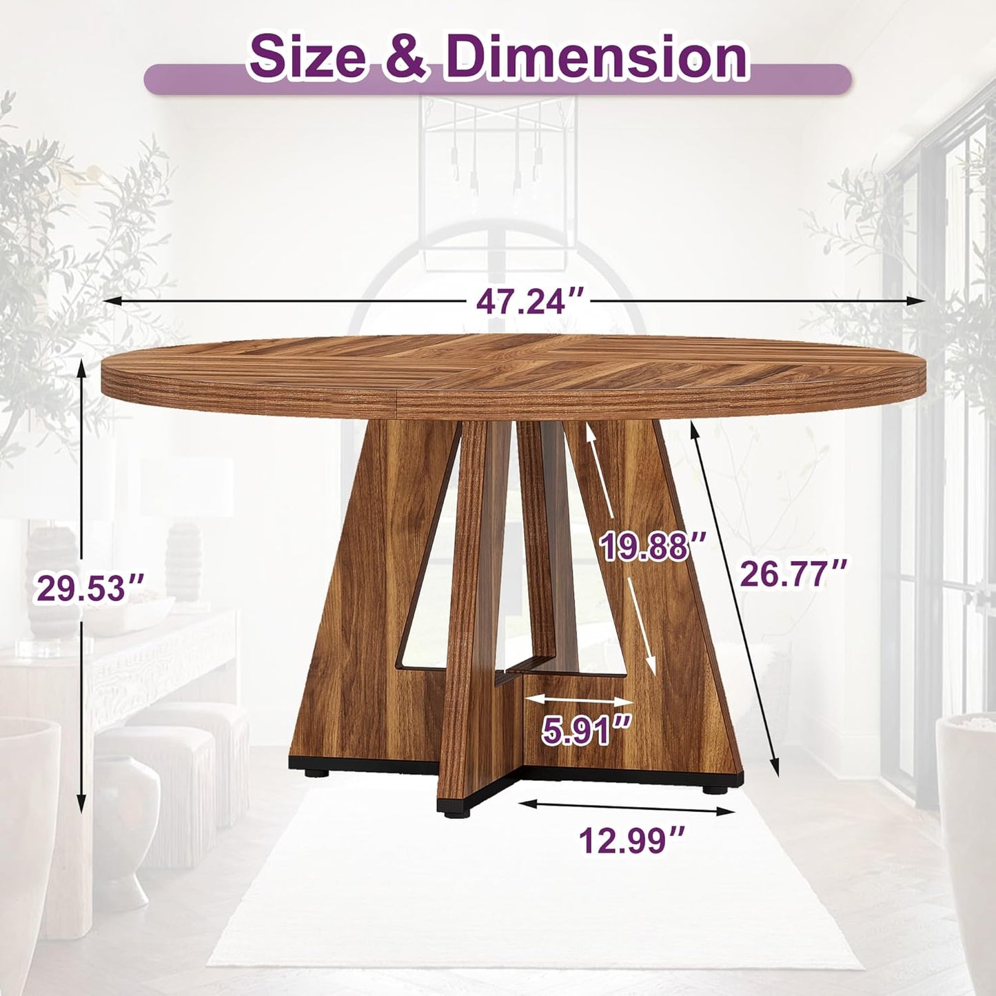 Round Dining Table for 4, 47" Wooden Kitchen Dinner Table Rustic, Farmhouse Table for Dining Room, Living Room, Brown