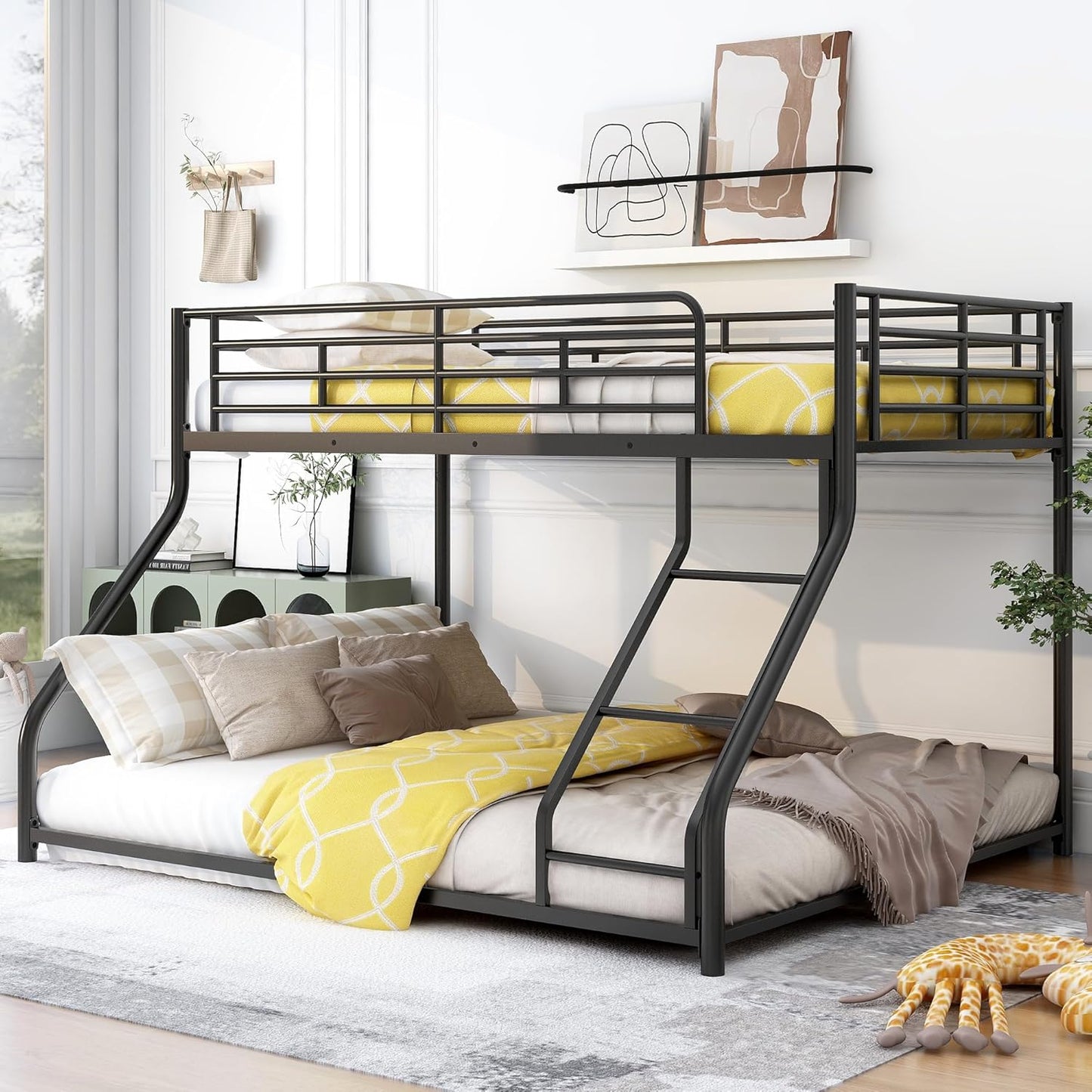 Twin XL Over Queen Metal Floor Bunk Bed with Sloping Stairs and Safety Guardrails for Bedroom,Guest Rooms, No Box Spring Needed, Simple to Assemble,Black