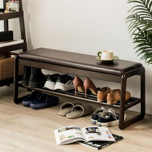 Shoe Bench, Entryway Bench with Leather Cushion, Solid Wood Shoe Rack, Mid Century Modern Bench, Shoe Storage, Shoe Organizer for Entryway (Brown, 39.4" W)