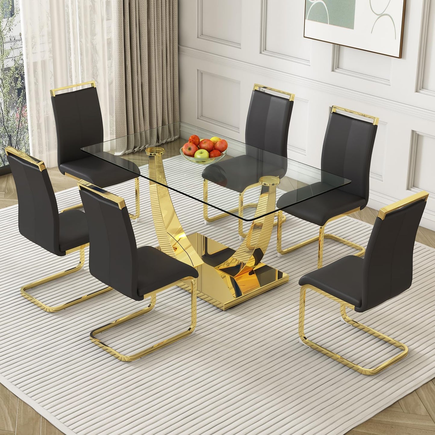Modern Dining Chairs Set of 6,High Back Black Kitchen Chairs,Faux Leather Side Chair with Gold Plated Metal Legs,Easy to Clean Upholstered Dining Chairs,Ideal for Living Room(Gold Leg)