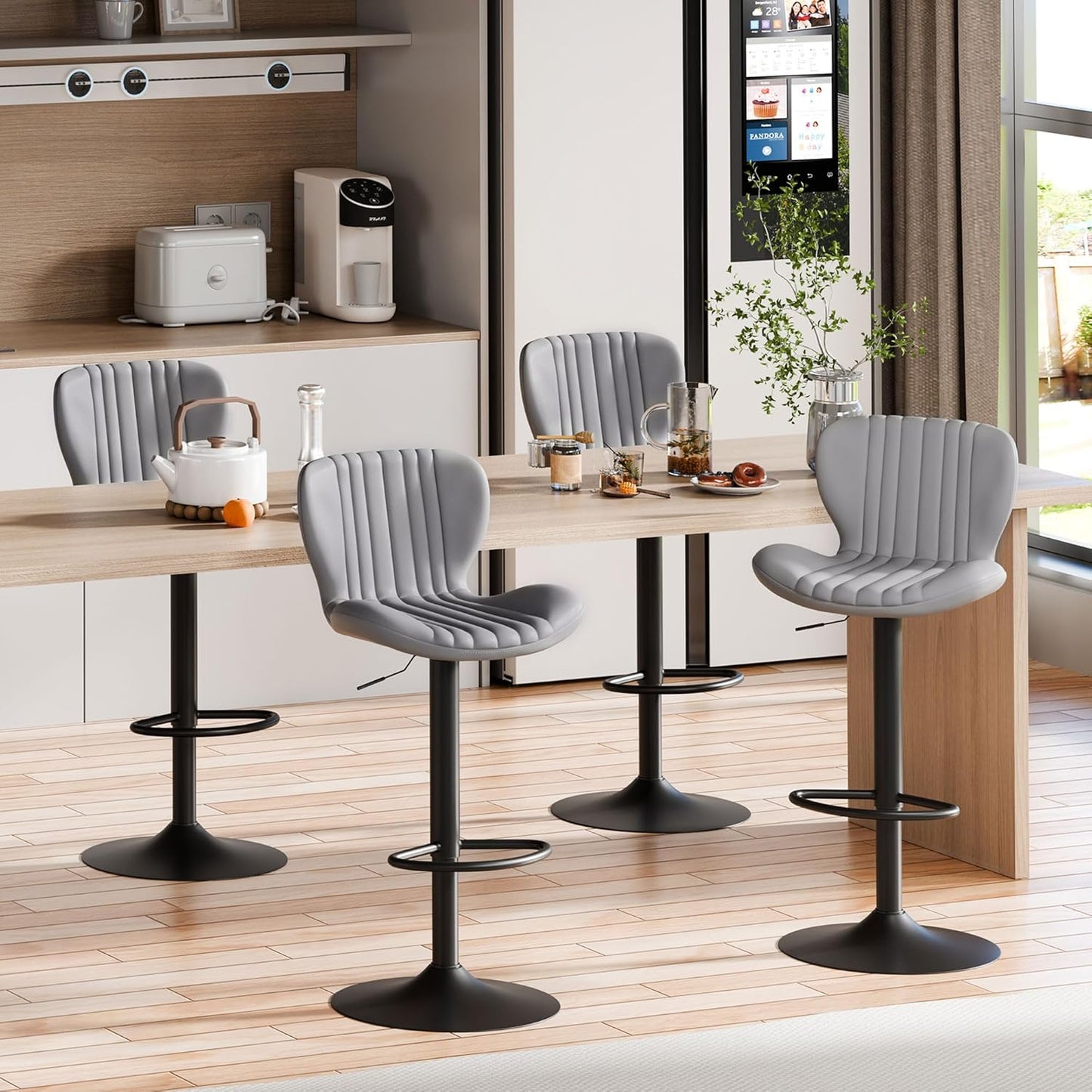 Shintenchi Bar Stools Set of 4 Modern Swivel Bar Chairs, Counter Height Faux Leather Metal Barstools, Upholstered Island Chairs with Back and Footrest, Gray