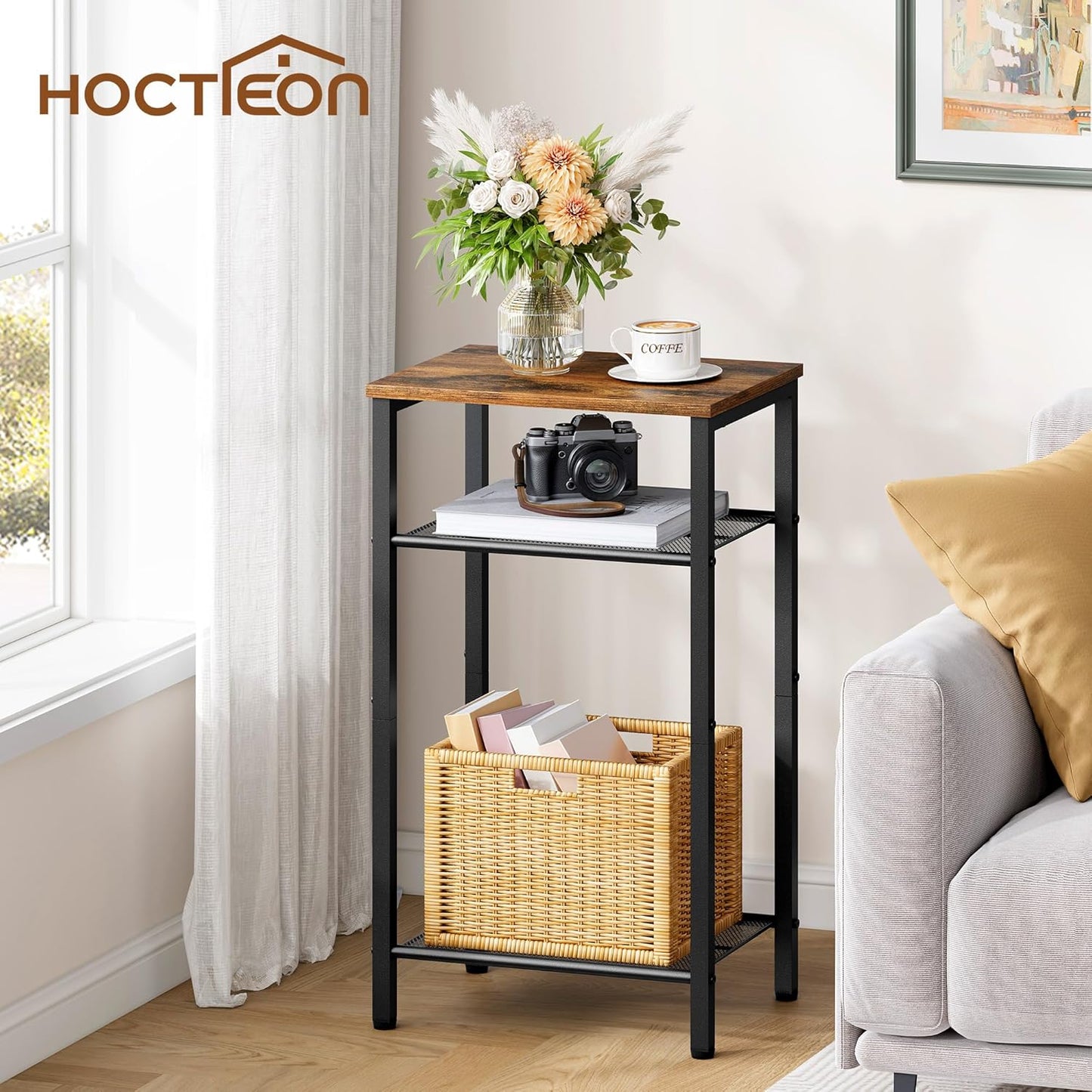 Hoctieon 2-Set 3 Tier End Table, Telephone Table Set of 2, Tall Side Table with Storage Set of 2, Small Nightstand for Small Spaces, Metal Frame, for Living Room, Bedroom, Sofa Couch, Rustic Brown