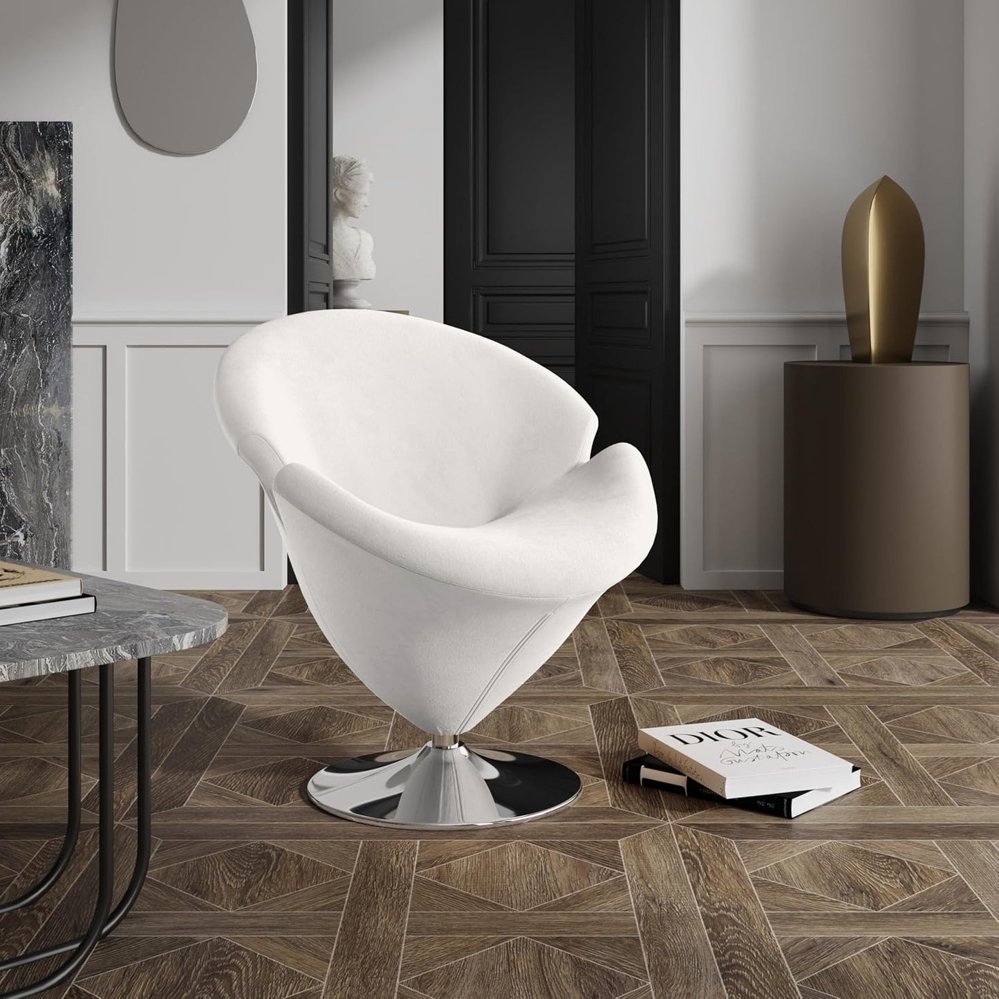 Manhattan Comfort Tulip Swivel Accent Chair Set of 2 with 360° Turn, Modern Flower Inspired Design, Soft Velvet Upholstery, Polished Chrome Base, No Assembly Required, 300 Lbs Capacity, White