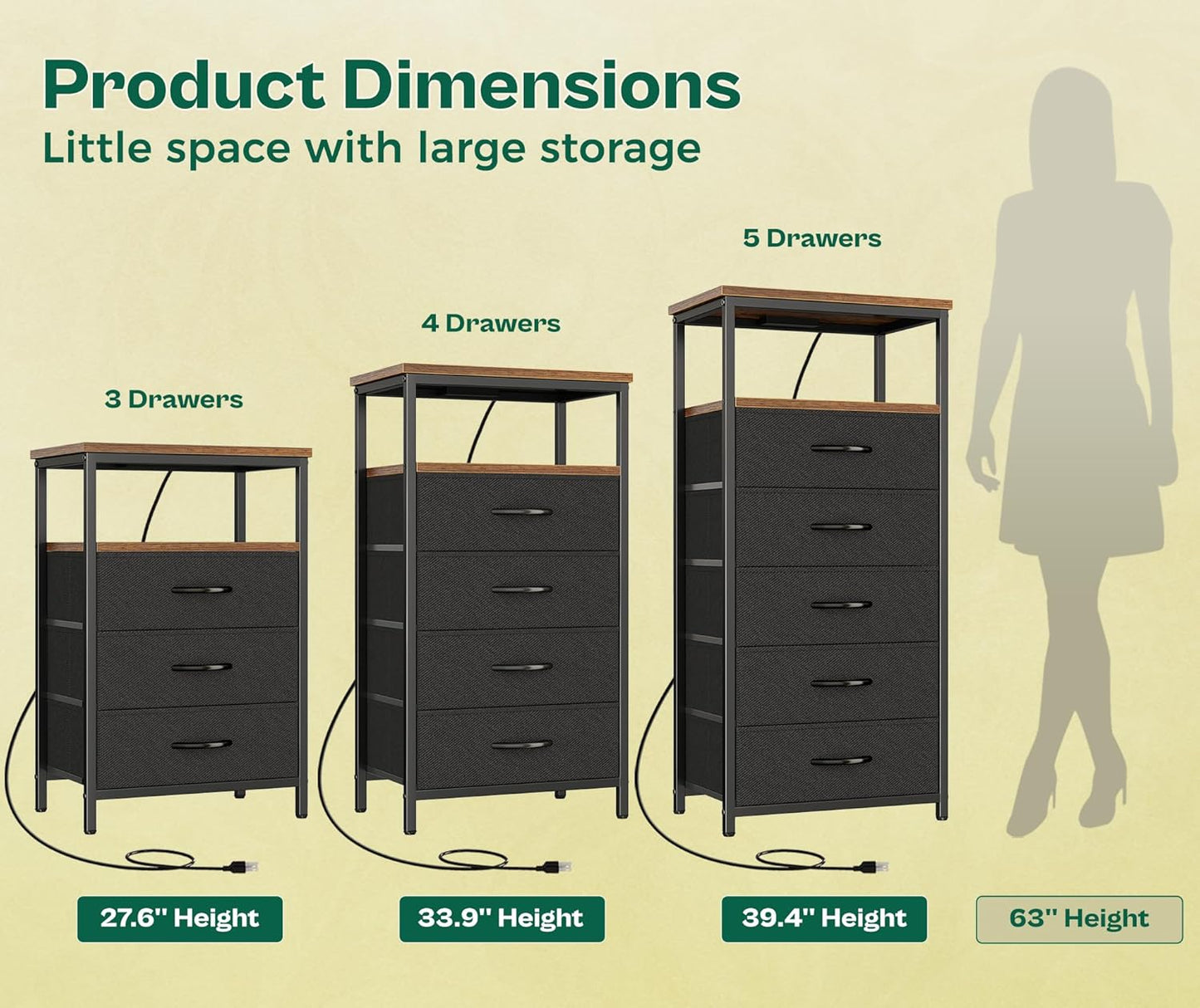 Huuger 5 Drawers Tall Dresser with Charging Station, Dresser for Bedroom, Tall Night Stand, Chest of Drawers with Open Shelf, Bedside Table Nightstand, Fabric, Rustic Brown and Black