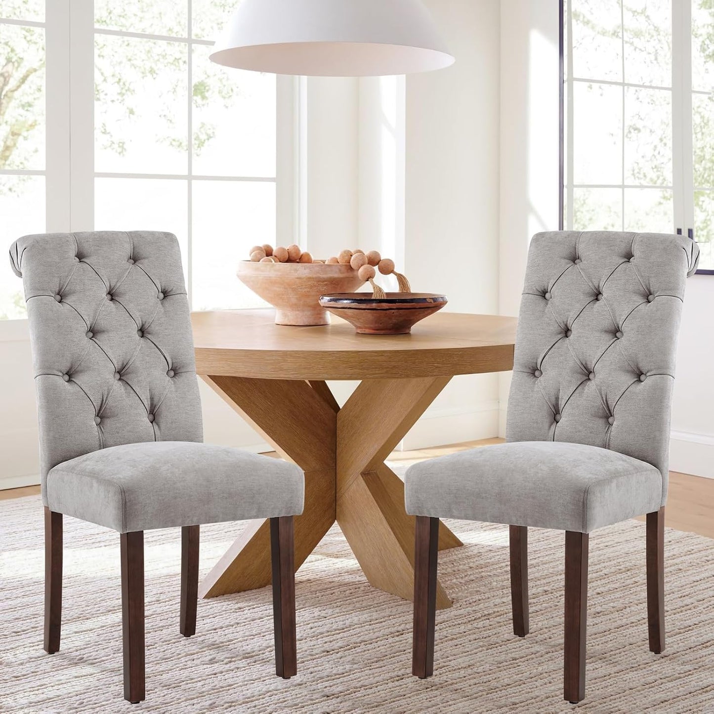 COLAMY Button Tufted Dining Chairs Set of 4, Parsons Upholstered Fabric Dining Room Chairs Kitchen Chairs with Wood Legs and Padded Seat, Light Grey