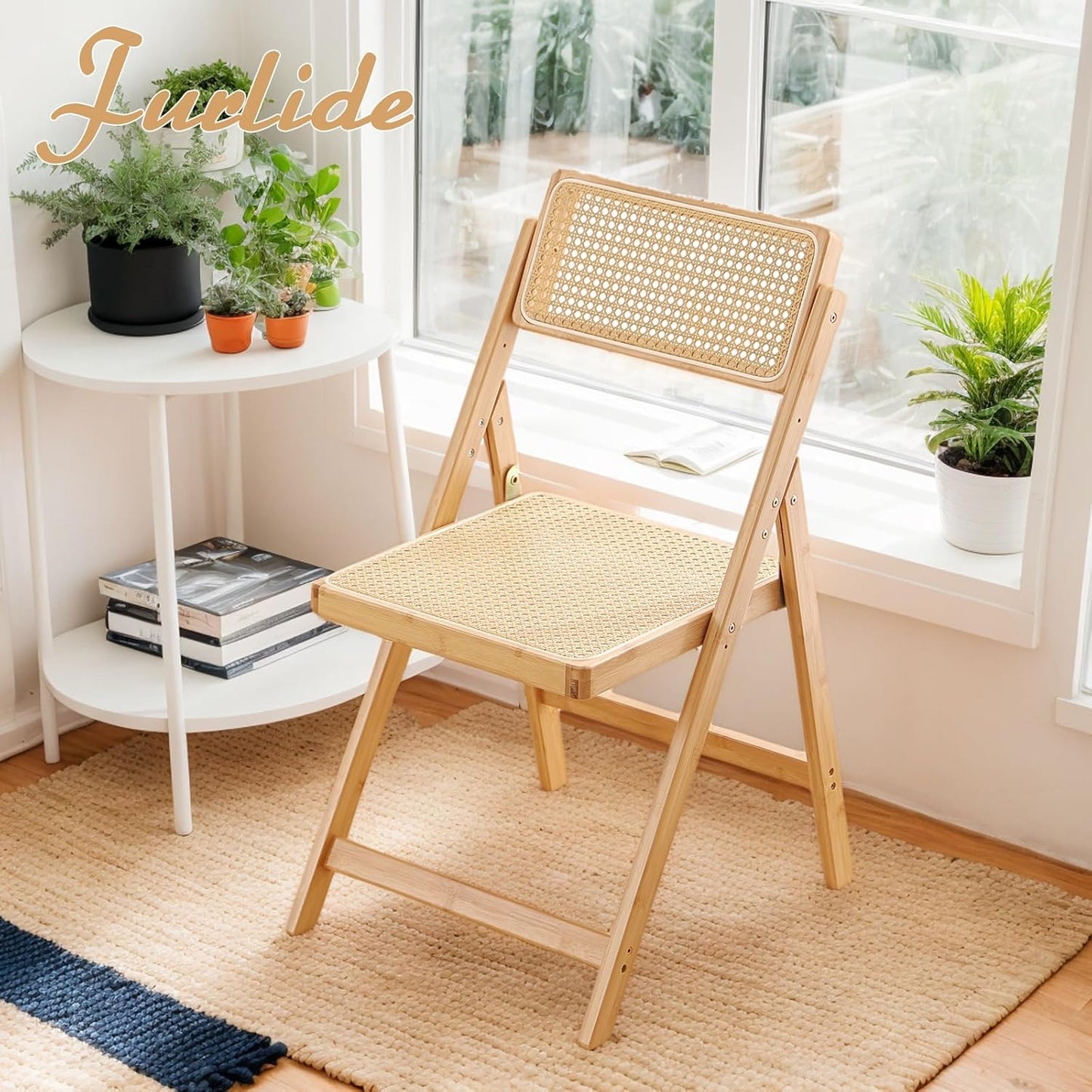Rattan Folding Chair, Modern Mid Century Dining Chair Set of 1, Outdoor Bamboo Chairs for Bedroom Living Room Reading Room Dining Kitchen, Wood