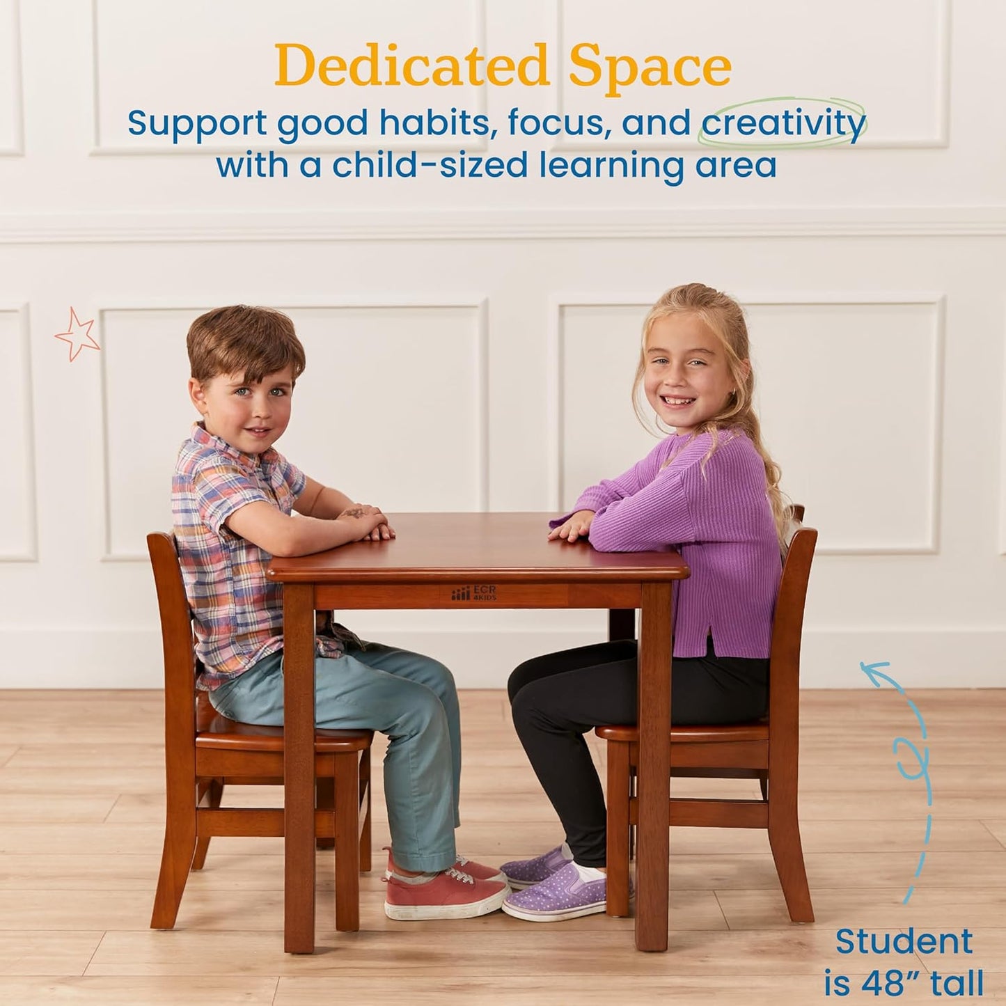 ECR4Kids 24in x 24in Hardwood Table and Chair Set, 12in Seat Height, Kids Furniture, Dark Walnut