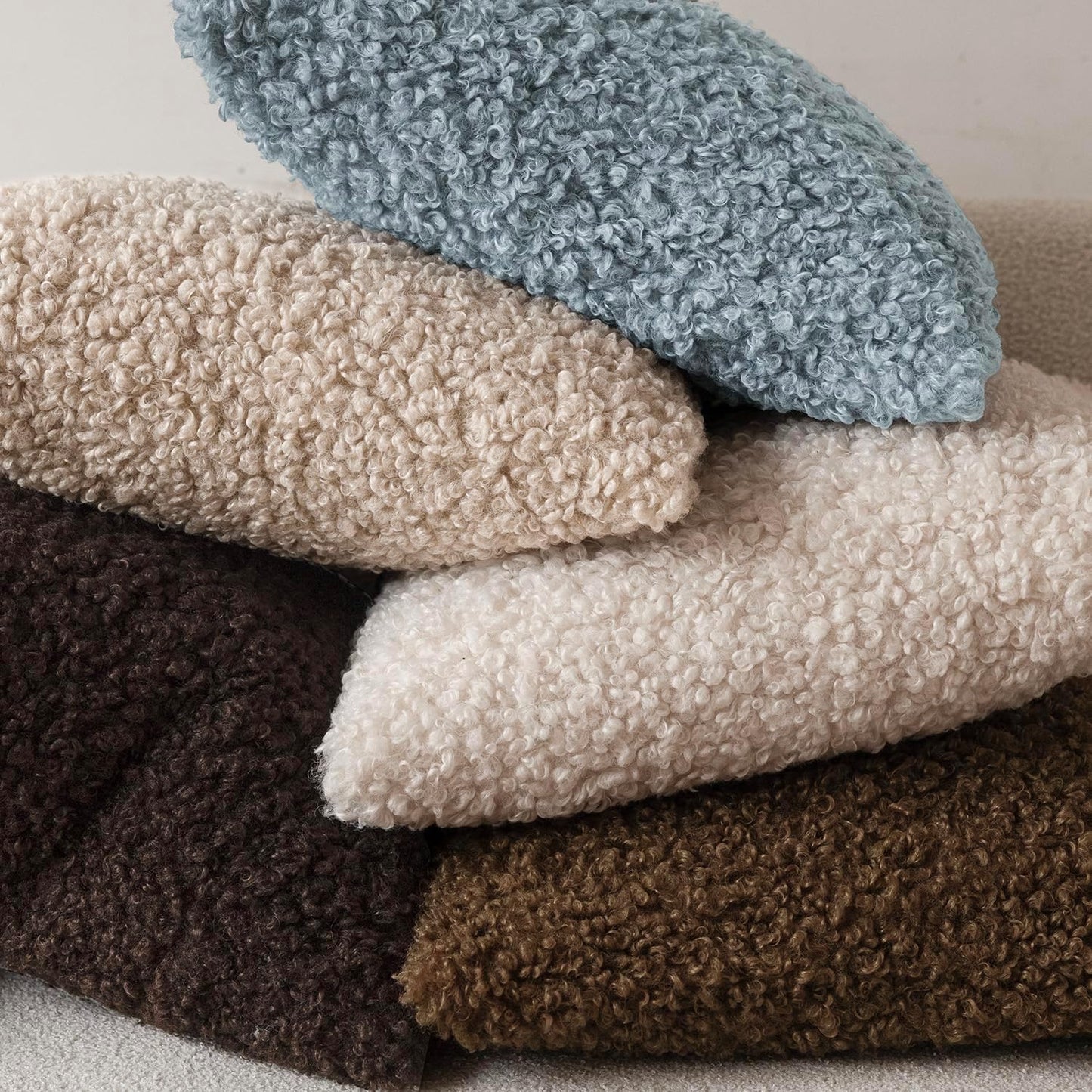 Foindtower Set of 2 Curly Teddy Wool Pillow Covers Decorative Boucle Textured Lumbar Throw Pillow Faux Fur Sherpa Pillowcases Sheepskin Fuzzy Cushion Case for Sofa Bedroom Car 12"x20" Misty Blue