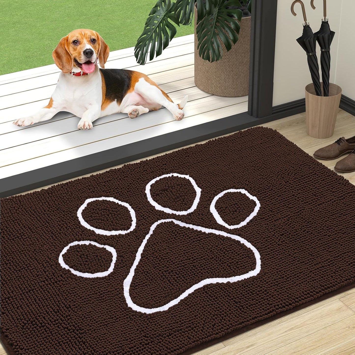 OLANLY Door Mat for Muddy Dog Paws 47x32, Ultra Absorbent Chenille Mud Doormat with Paw Print Design, Non-Slip Washable Doormat for Indoor Entryway, Quick-Dry Pet Bed Mats for Dirty Dogs, Brown