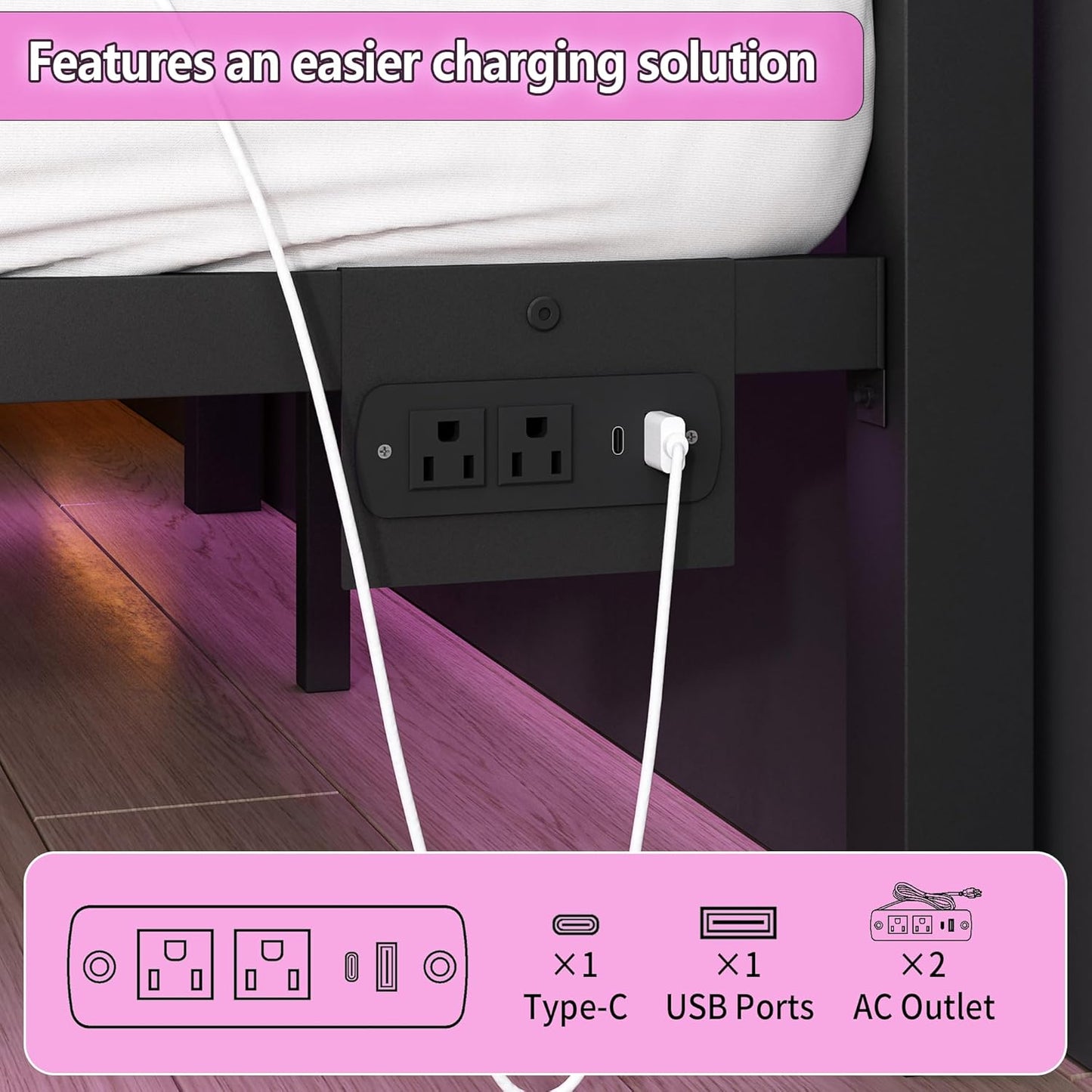 Full Size Bed Frame with Headboard and Footboard,Steel Slats Support-LED Bed Frame with USB Charging Station,Mattress Foundation-Under Bed Storage, No Box Spring Needed,Noise Free,Black