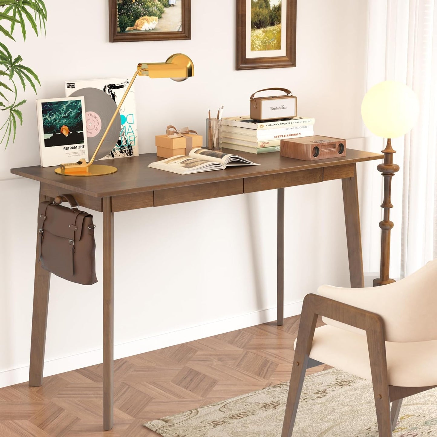 Solid Wood Desk with Drawers - 48 Inch Mid Century Modern Desk, Vintage Desks with 2 Hooks, Simple Writing Study Table, Mid Century Desks for Bedroom, Living Room & Office, Walnut Color