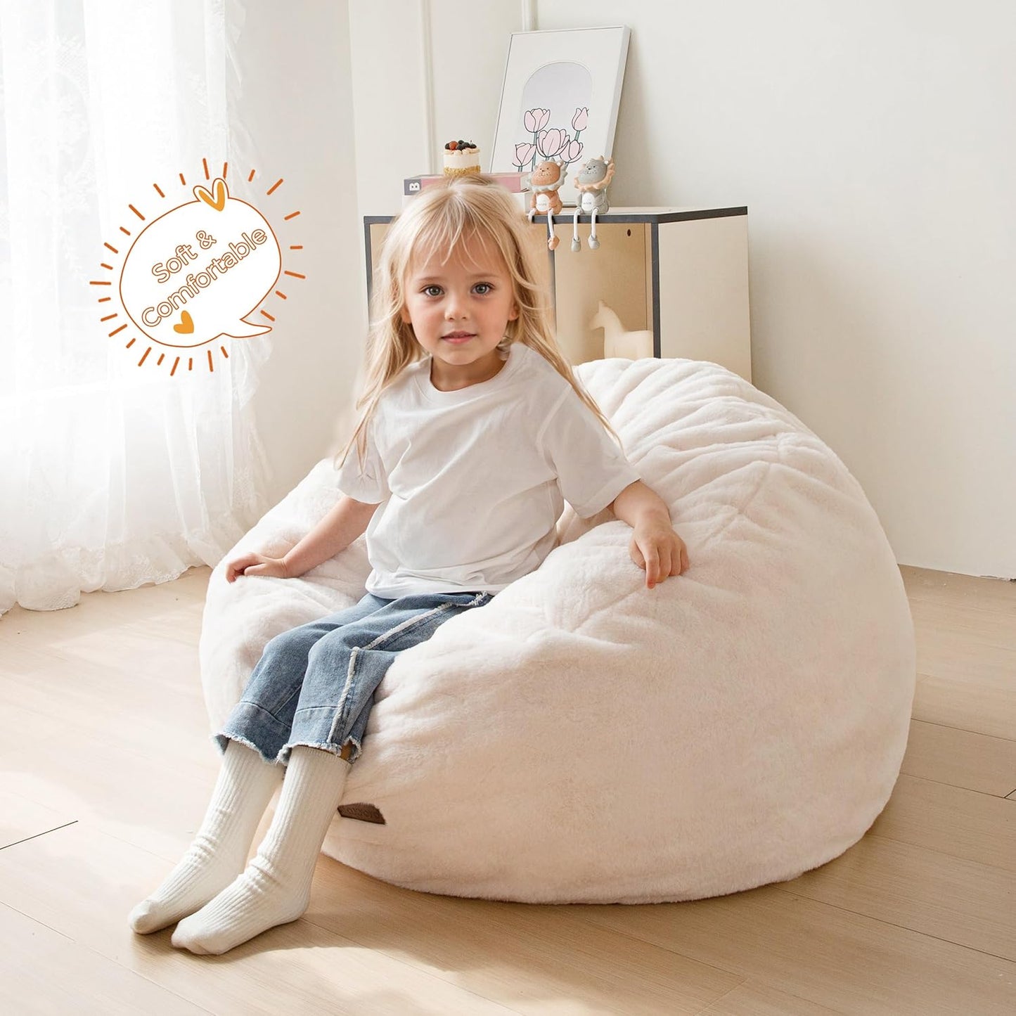 MAXYOYO Kids Bean Bag Chair, Stuffed Faux Fur Bean Bag for Toddler, Ultra Soft Floor Sofa with High-Density Foam Filling, Lazy Chair for Living Room, Playroom, Nursery Room