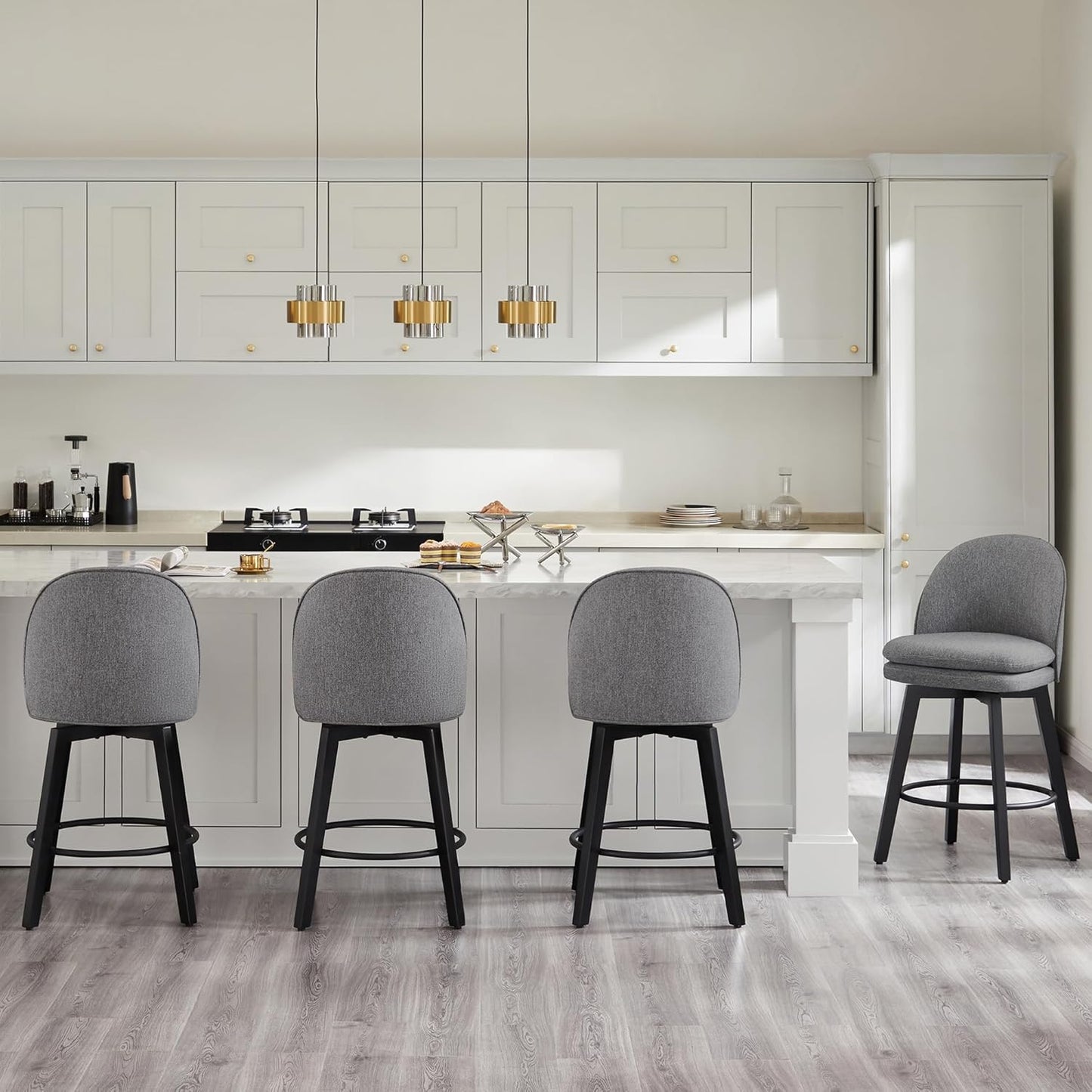 Counter Height Barstools 26 inch Upholstered Swivel Bar Stools with Back and Wood Legs for Kitchen Island,Set of 2,Dark Grey Fabric-Armless