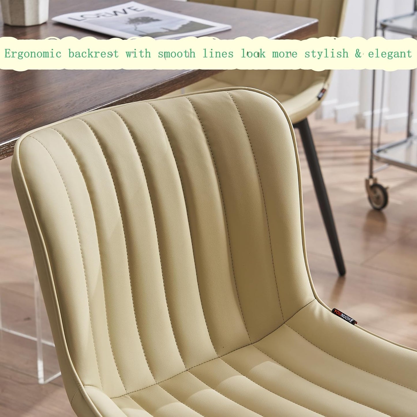 YOUNUOKE Mid-Century Modern Dining Chairs Set of 2, Beige PU Leather Upholstered Kitchen Chairs with Black Metal Legs, Armless Accent Chair for Dining Room, Guest Reception Room